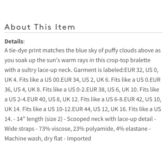 2/$32 NWOT TOPSHOP Tie Dye Lace-Up Bralet US 8 - Picture 7 of 10